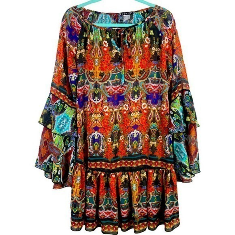 VENUS‎ Multicolor Paisley Ruffle Bell Sleeve Sheer Dress